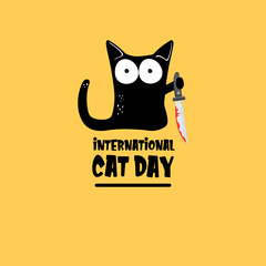 International cat day funky banner with black cat holding bloody knife isolated on orange background. World cat day funky concept illustration