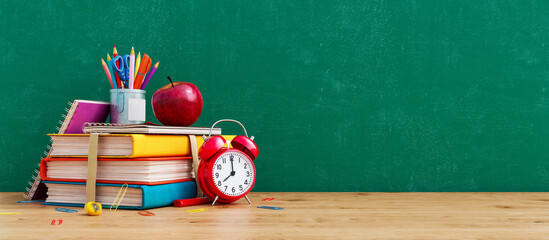 Ready for school concept background with books, alarm clock and accessory 3D Rendering, 3D Illustration