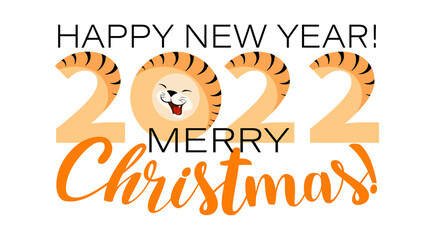2022 year. Chinese calenda. East Clendar Year of the Tiger. Happy New Year greetings. Design for a postcard, calendar cover with numbers and a funny face. Vector illustration