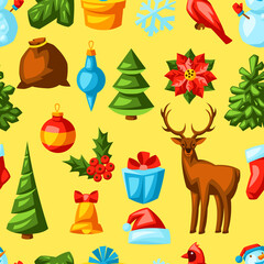 Merry Christmas seamless pattern. Holiday background in cartoon style.