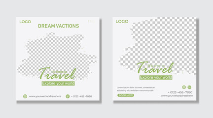 Travel and vacation square social media banner post template. Editable Modern Template. Discount Promo Template