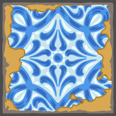 Portuguese azulejo vintage ceramic tile pattern. Old grunge background with chipped enamel tile. Italian pottery or spanish majolica.