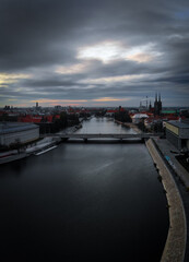 River in Wrocław on a cloudy day.
