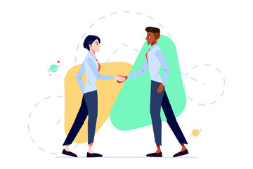 Businesswoman and businessman shaking hands. Man and woman reached agreement at business meeting. Collaboration concept. Fun Cartoon Vector Characters.