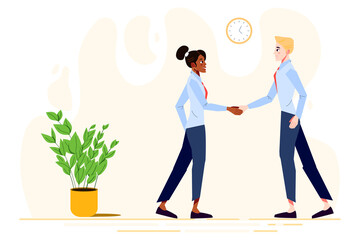 Businesswoman and businessman shaking hands. Man and woman reached agreement at business meeting. Collaboration concept. Fun Cartoon Vector Characters.