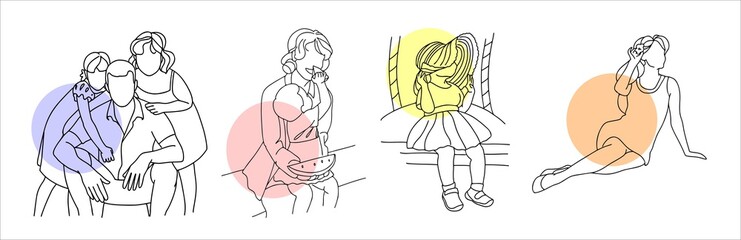 Family, mom with children, dad with children, a beautiful child. A set of illustrations in a linear style. Vector.
