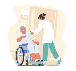Nurse or Doctor Measuring Temperature to Elderly Woman Sitting at Wheelchair with Distant Thermometer during Coronavirus
