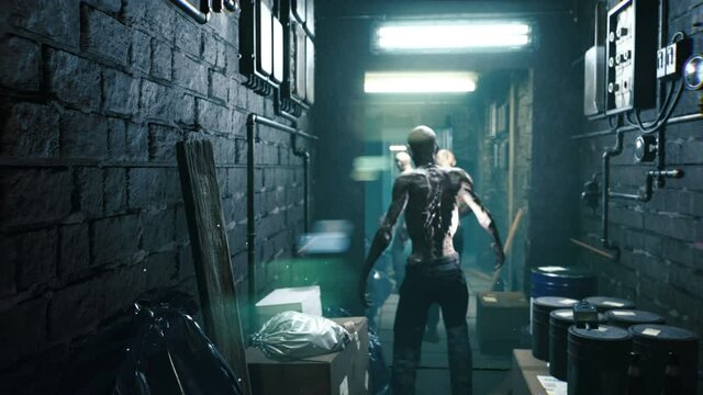 Creepy zombies climbed into a bunker created to protect people from the apocalypse. The concept of a zombie Apocalypse. Animation for zombie, fantasy, sci-fi and apocalyptic backgrounds.