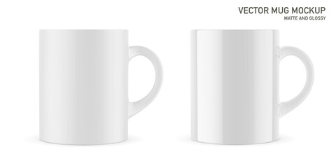 Mug for drinks front view. Vector realistic Matte and glossy mockup. White blank isolated cup. EPS 10