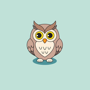 Cartoon cute owl isolated on turquoise background. Wild bird illustration - vector owl.