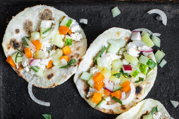 tacos vegetable doner kebab flatbread taco on the table healthy food meal snack copy space food background rustic. top view veggie vegan or vegetarian food