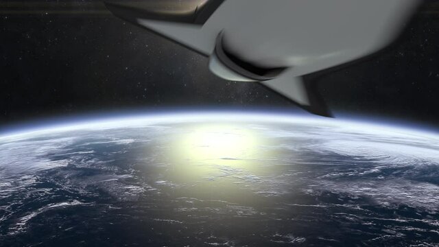 A hypersonic nuclear drone quickly flies in space above the Earth. 4K. 3D Animation.