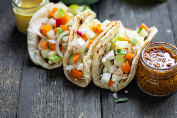 tacos vegetable doner kebab flatbread taco on the table healthy food meal snack copy space food background rustic. top view veggie vegan or vegetarian food