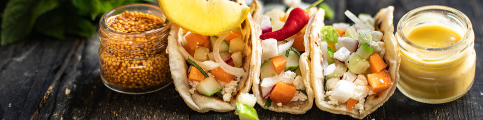 tacos vegetable doner kebab flatbread taco on the table healthy food meal snack copy space food background rustic. top view veggie vegan or vegetarian food