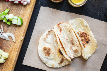 tacos vegetable doner kebab flatbread taco on the table healthy food meal snack copy space food background rustic. top view veggie vegan or vegetarian food