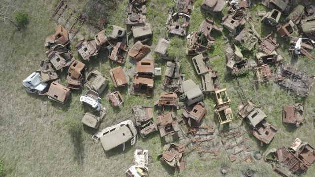 Aerial video. A cemetery for radioactive equipment after the accident at the Chernobyl nuclear power plant.

