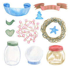 Collection with different items: ribbons, glass jars, lights, wreath for Christmas decoration. Hand drawn sketch by colored pencil. © Zhanna