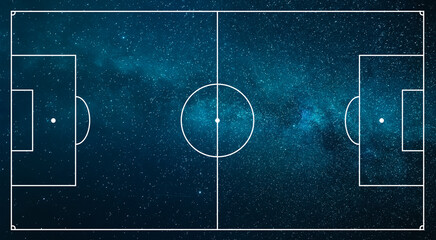 Concept of football field. Soccer field illustration pattern. Starry sky cosmo background view. graphic court with white stripes for creating games.