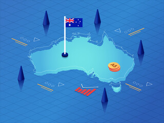 Australia Map, Flag and Currency Modern Isometric Business and Economy Vector Illustration Design