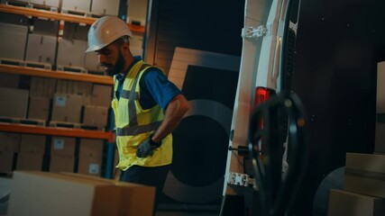 Handsome Latin Male Worker Loads Cardboard Boxes into Delivery Truck. Delivering Online Orders, E-Commerce Goods, Food, Medicine Supply. Tired Frontline Hero Doing Job. Slow Motion
