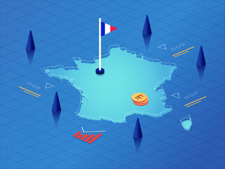 France Map, Flag and Currency Modern Isometric Business and Economy Vector Illustration Design