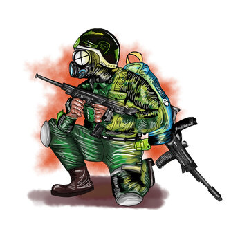 Digital Painting a soldier with a rifle in hand and wearing a mask covering his mouth 
