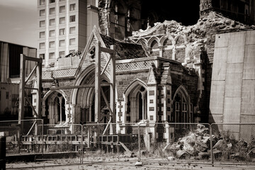 Ruin of famous Christchurch Cathedral after the earthquake of 2011, New Zealand