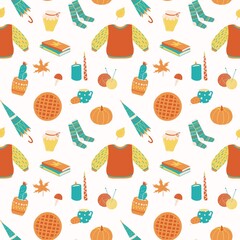 Cozy autumn warm things seamless pattern. Knitted sweater, socks, candles, cactus, umbrella, pumpkin, honey, mushroom, leaves, pie, books and tea with cookies. Isolated on white.