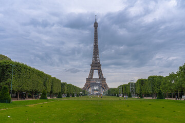Paris, France - 25 06 2020: Champ-de-Mars: View of Eiffel Tower from the Champ-de-Mars