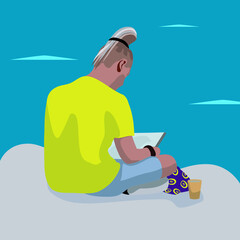 A young stylish man with a laptop sits on the seashore. Downshifting on the beach. Vector art.