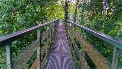 Metal footbridge crossing the river among the trees, close-up