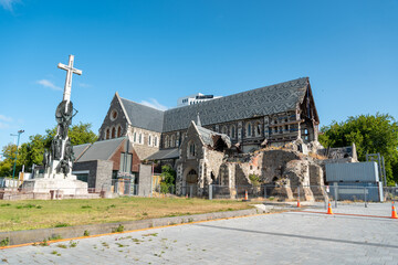 Ruin of famous Christchurch Cathedral after the earthquake of 2011, New Zealand