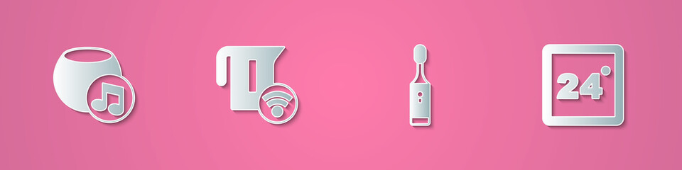 Set paper cut Voice assistant, Smart electric kettle, Electric toothbrush and Thermostat icon. Paper art style. Vector