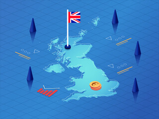 United Kingdom Map, Flag and Currency Modern Isometric Business and Economy Vector Illustration Design