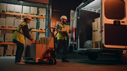 Outside of Logistics Retail Warehouse: Manager Using Tablet Computer and Scanner, talking to Worker Loading Delivery Truck with Cardboard Boxes, Online Orders, Medicine Supply, E-Commerce. Evening