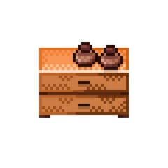 Wardrobe pixel art. Cabinet pixel art. Vector illustration. Wardrobe and earthen jar. Icon wardrobe. Wooden cabinet pixel art.