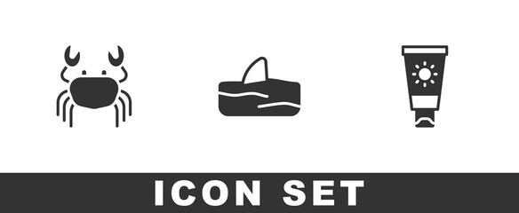 Set Crab, Shark fin in ocean wave and Sunscreen cream tube icon. Vector