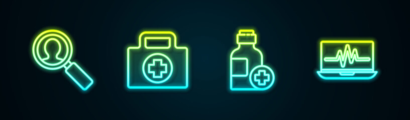 Set line Medical analysis, First aid kit, Bottle of medicine syrup and Laptop with cardiogram. Glowing neon icon. Vector