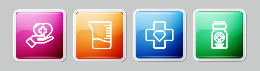 Set line Heart with a cross, Measuring cup, and Medicine bottle. Colorful square button. Vector