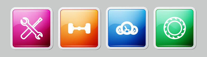 Set line Screwdriver and wrench spanner, Chassis car, Speedometer and Car tire wheel. Colorful square button. Vector