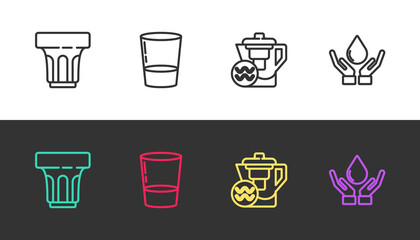Set line Glass with water, , Water jug filter and Washing hands soap on black and white. Vector