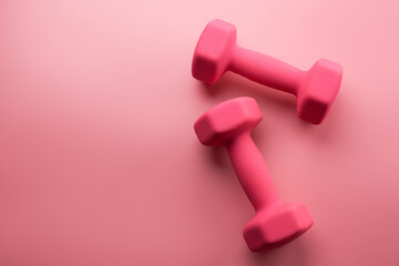 Two pink female dumbbells isolated on pink background close-up with copy space. Fitness concept, weight loss and sport activity, top view, flat lay