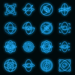 Gyroscope icons set. Outline set of gyroscope vector icons neon color on black