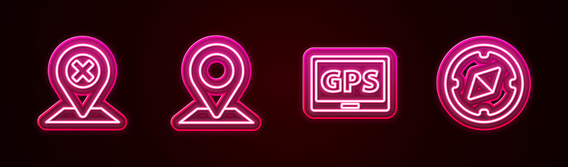 Set line Location, , Gps device with map and Compass. Glowing neon icon. Vector