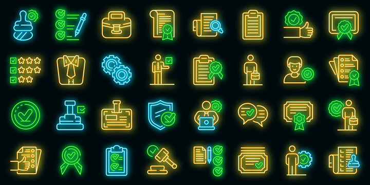 Quality assurance icons set. Outline set of quality assurance vector icons neon color on black