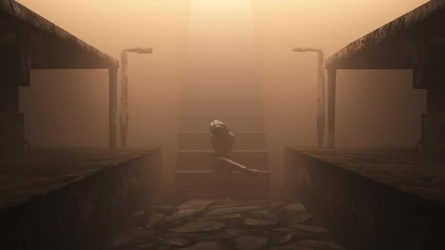 Dolly Shot Pushing In Thinking Woman Sitting On Stairway At Old Decaying Hazy Train Station