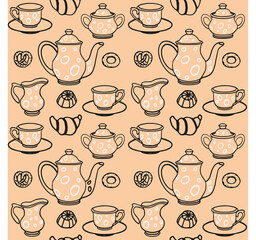 Teapot pattern. Tea time backdrop. Hand drawn sketch style teapots background. kettle print. Teapot silhouette. Hand draw teapot fabric, textile template. Doodle style drawn teapot vector