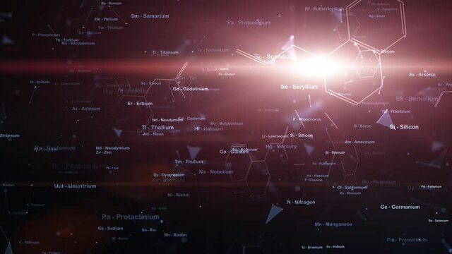Flickering shiny dots with chemical elements word cloud and hexagon bonds animtion.