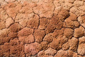 Dried red clay surface covered with cracks. The surface looks like Martian soil. A bright, sunny day. Harsh shadows. Top view, textured, background.