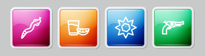 Set line Snake, Tequila glass with lemon, Sun and Revolver gun. Colorful square button. Vector